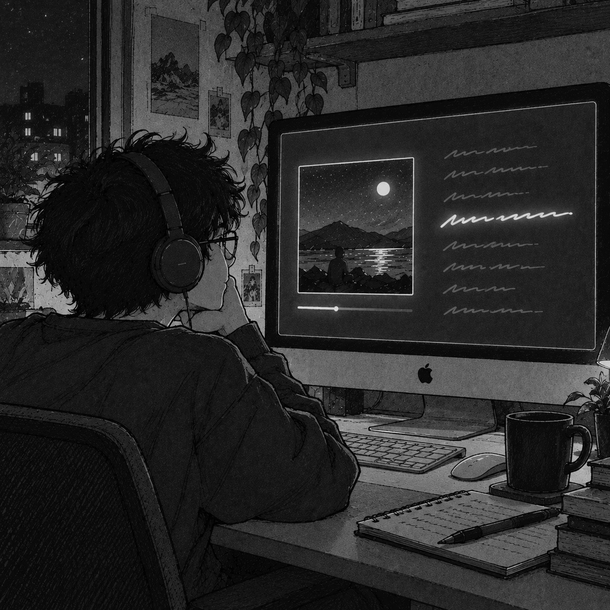 Illustration: someone with headphones and a mug, watching lyrics glow on their iMac at night